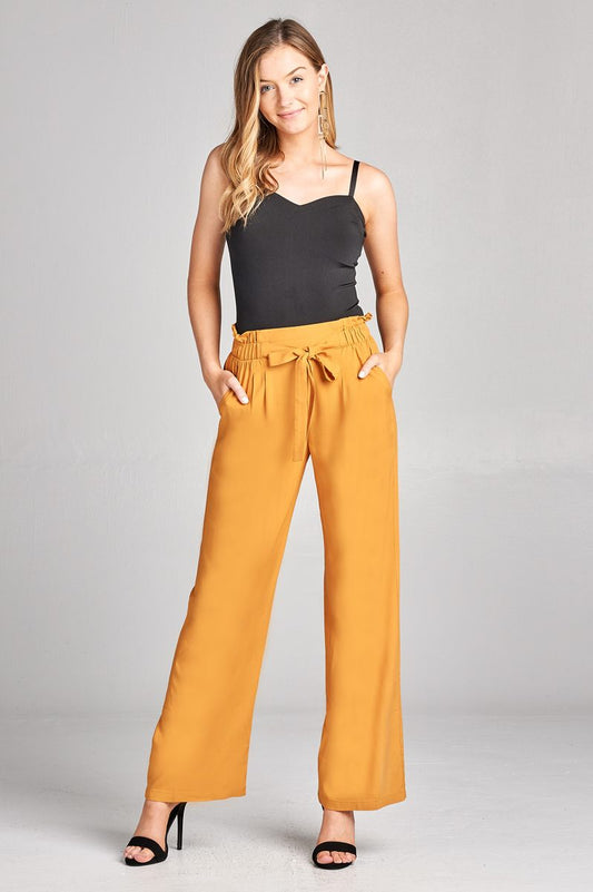 Ladies fashion self ribbon detail long wide leg woven pants