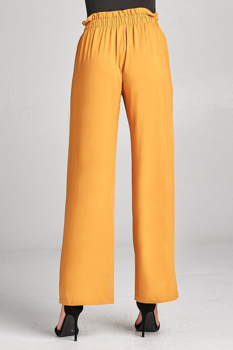 Ladies fashion self ribbon detail long wide leg woven pants