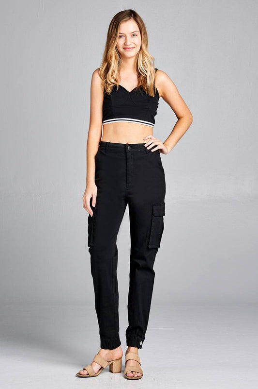 Ladies fashion waist button elastic hem w/snap button cargo pants