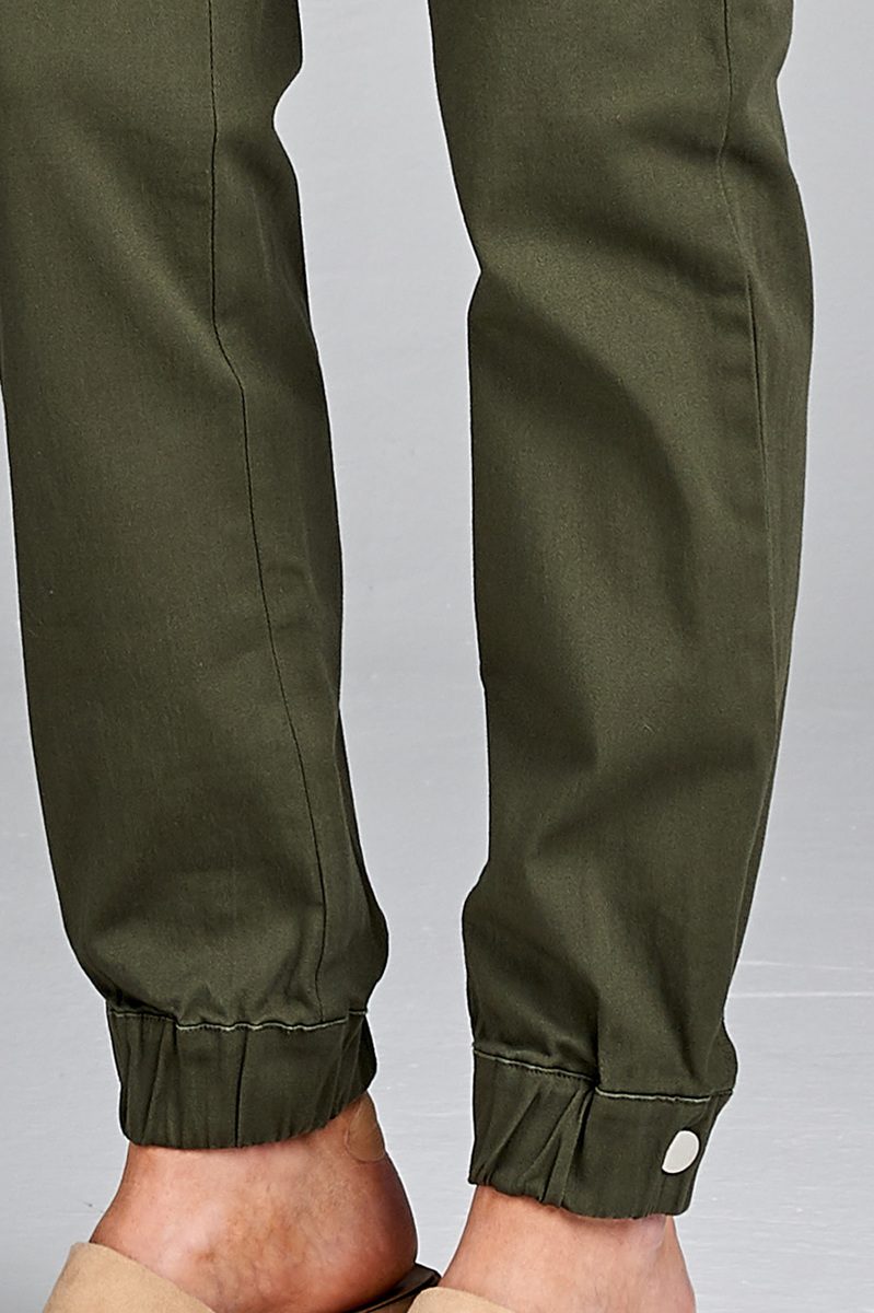 Ladies fashion waist button elastic hem w/snap button cargo pants