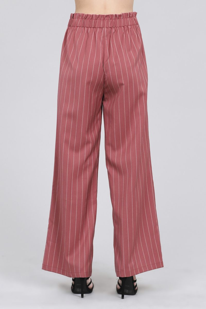 Ladies fashion high waist w/self belt long leg wide pinstripe woven pants