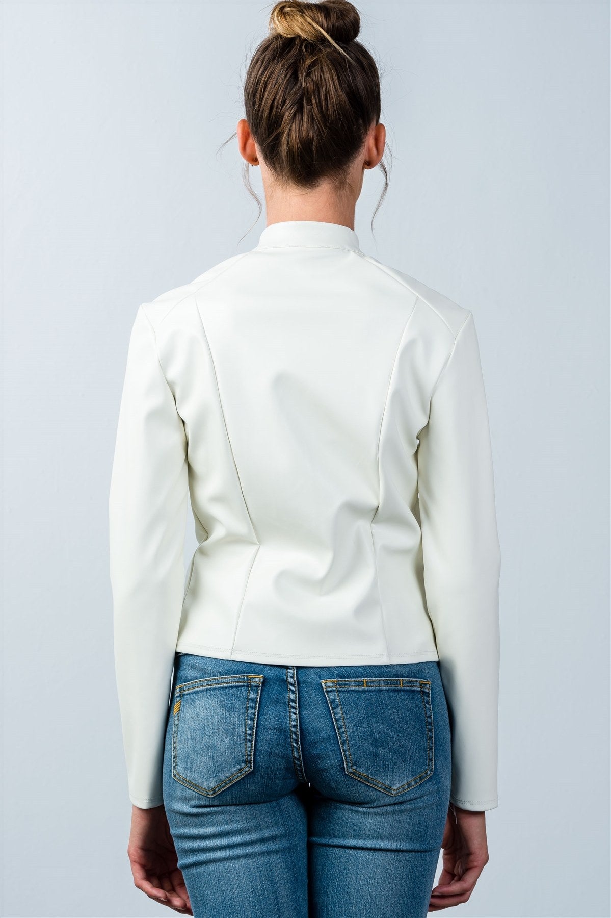 Ladies fashion snap button mock neck zip-up moto jacket