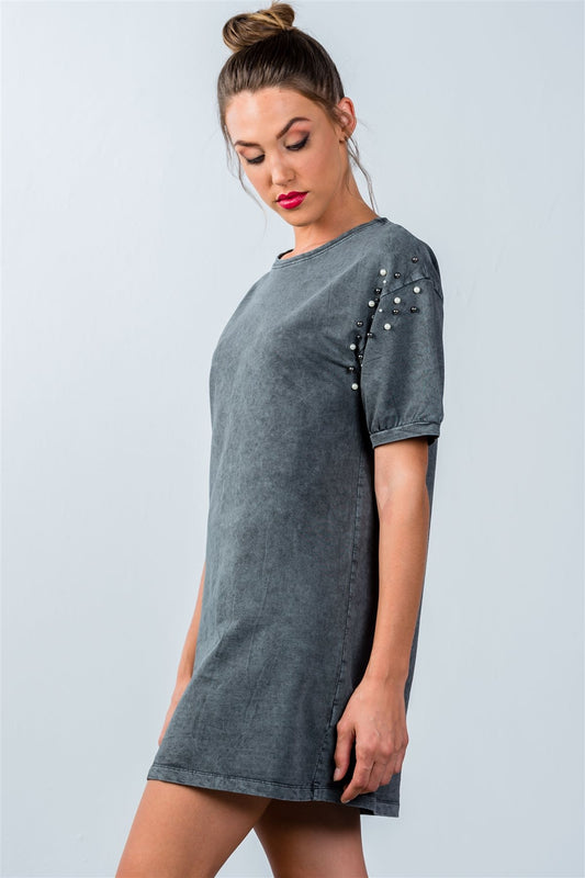 Ladies fashion loose fit pearl beaded shoulder loose tunic top