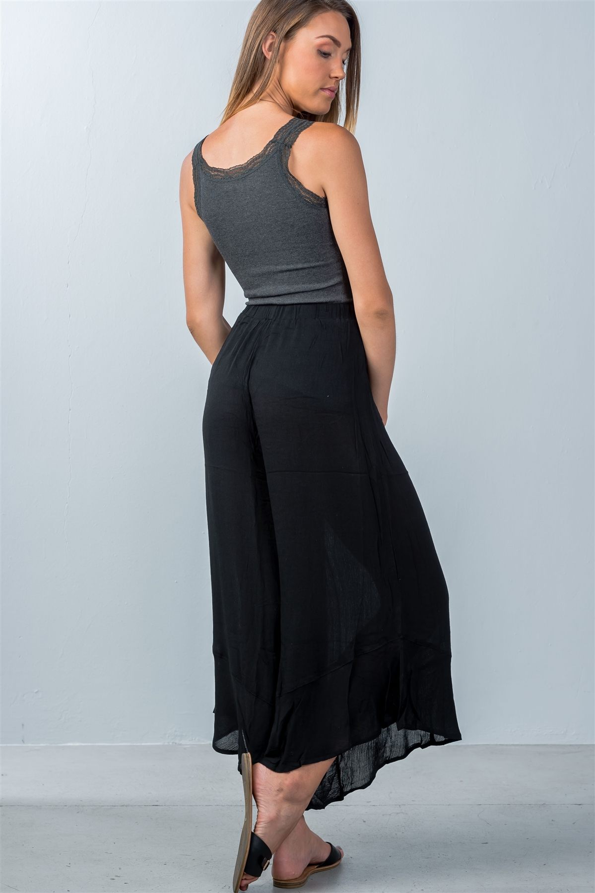 Ladies fashion sheer elastic waistline black flare wide leg culotte