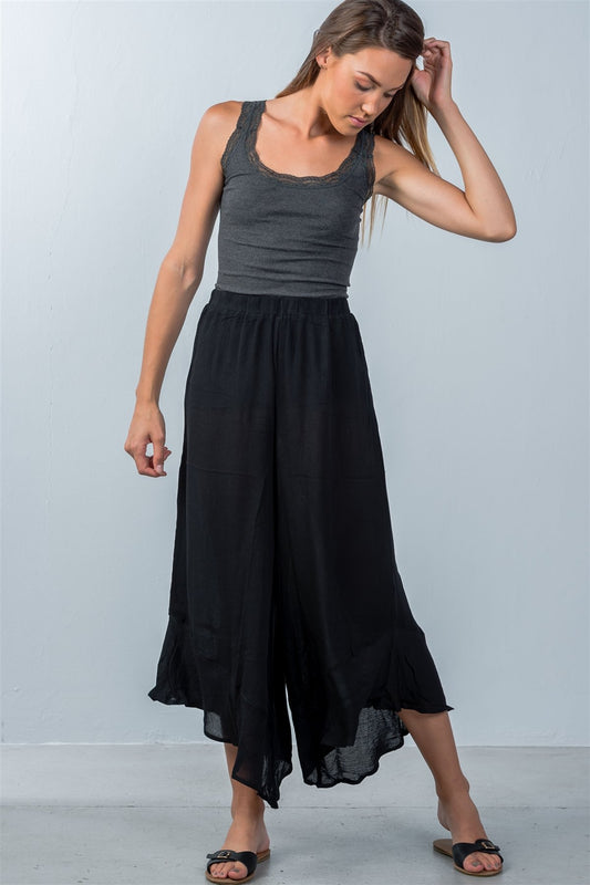 Ladies fashion sheer elastic waistline black flare wide leg culotte