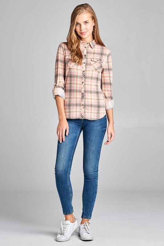 Ladies fashion plus size 3/4 roll up sleeve front pocket detail plaid check print stretch knit shirts