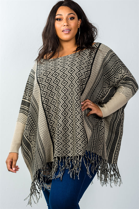 Ladies fashion plus size beige long batwing sleeves fringe poncho