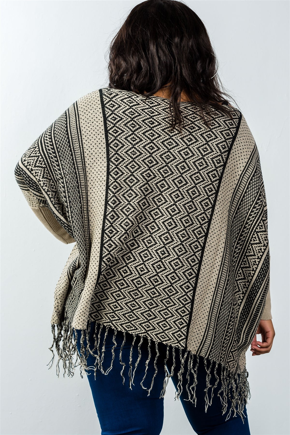 Ladies fashion plus size beige long batwing sleeves fringe poncho