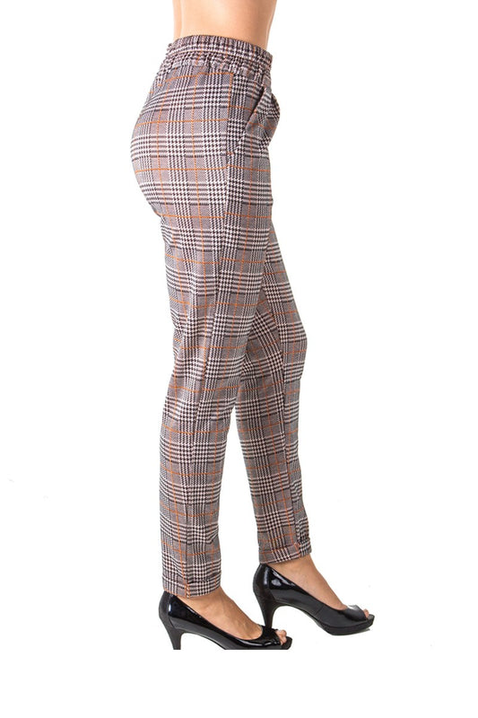 Ladies fashion casual plaid trouser pants, stretch, elastic waist, cuffed folded ankle & 2 front pockets