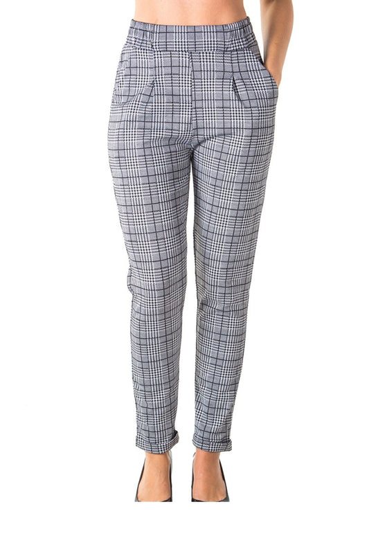 Ladies fashion casual plaid trouser pants, stretch, elastic waist, cuffed folded ankle & 2 front pockets