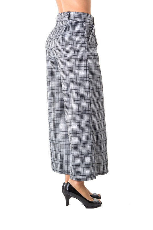Ladies fashion casual plaid pants, high waist, wide leg & 2 front pockets
