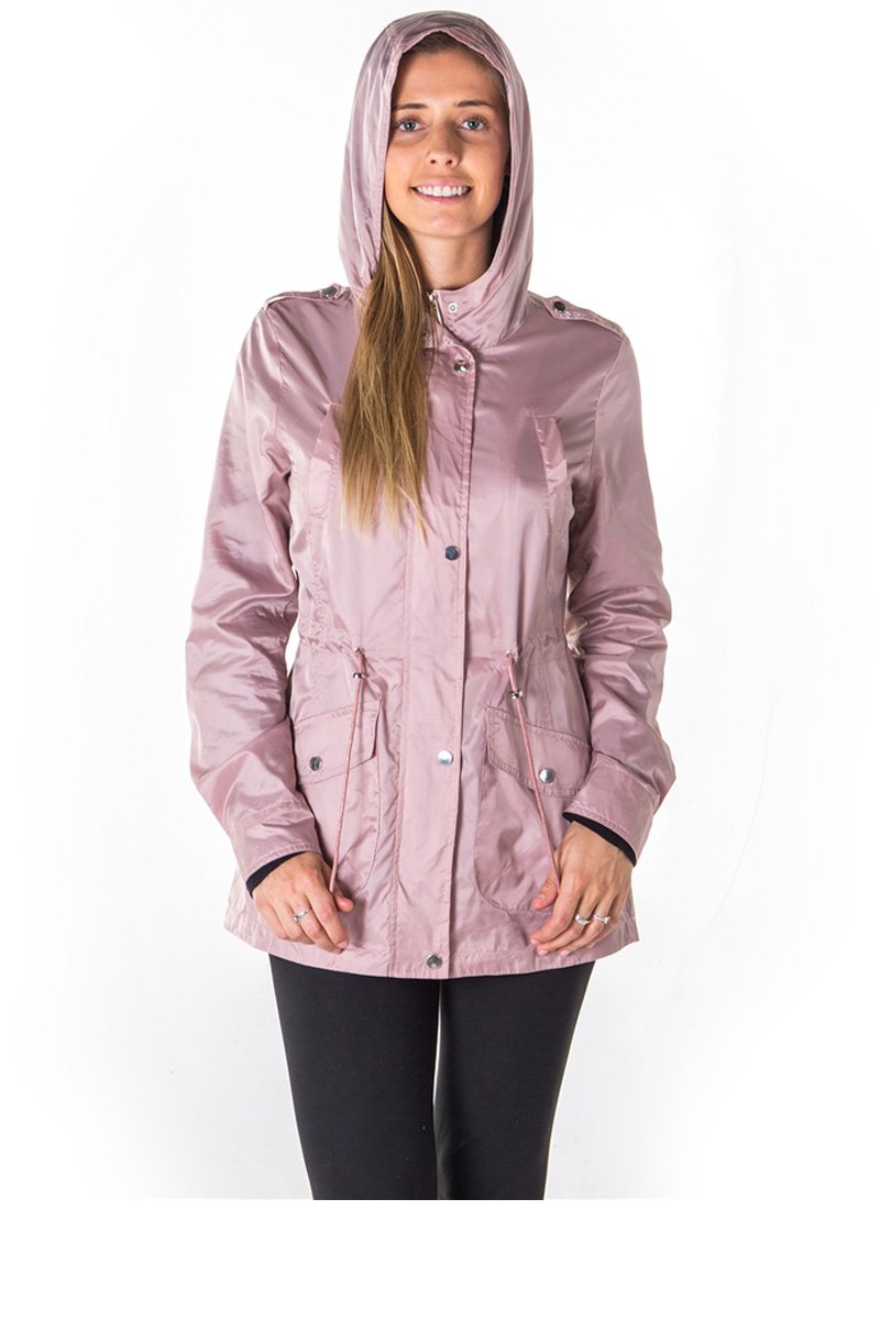 Ladies fashion zip up light weight nylon anorak jacket, waterproof, jersey lined hood, roll up sleeve & waistband string