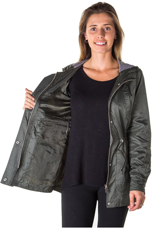 Ladies fashion zip up light weight nylon anorak jacket, waterproof, jersey lined hood, roll up sleeve & waistband string