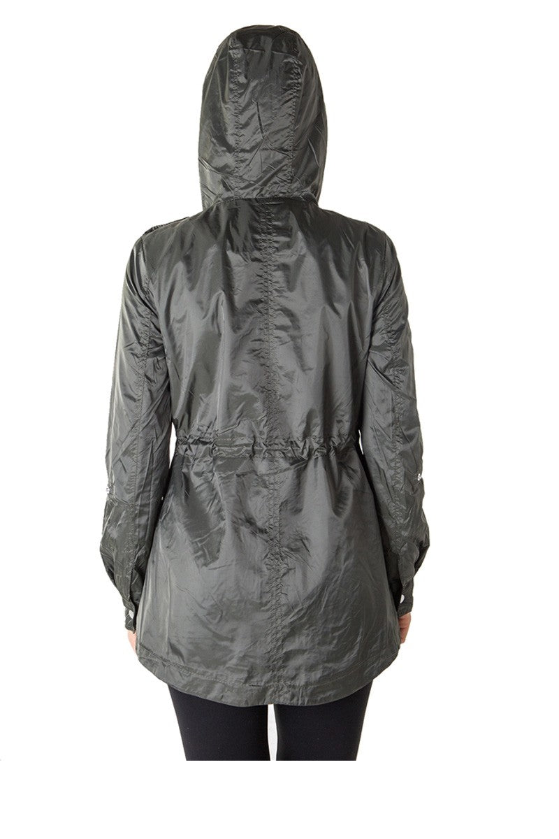 Ladies fashion zip up light weight nylon anorak jacket, waterproof, jersey lined hood, roll up sleeve & waistband string