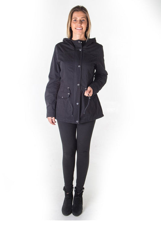 Ladies fashion zip up anorak hooded jacket, roll up sleeve, waistband string, 2 front pockets & piping front and back