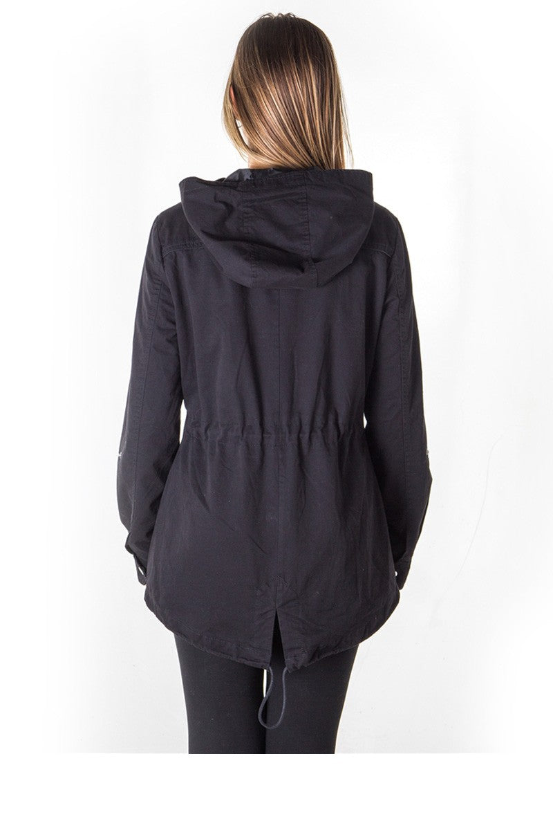 Ladies fashion zip up anorak hooded jacket, roll up sleeve, waistband string, 2 front pockets & piping front and back