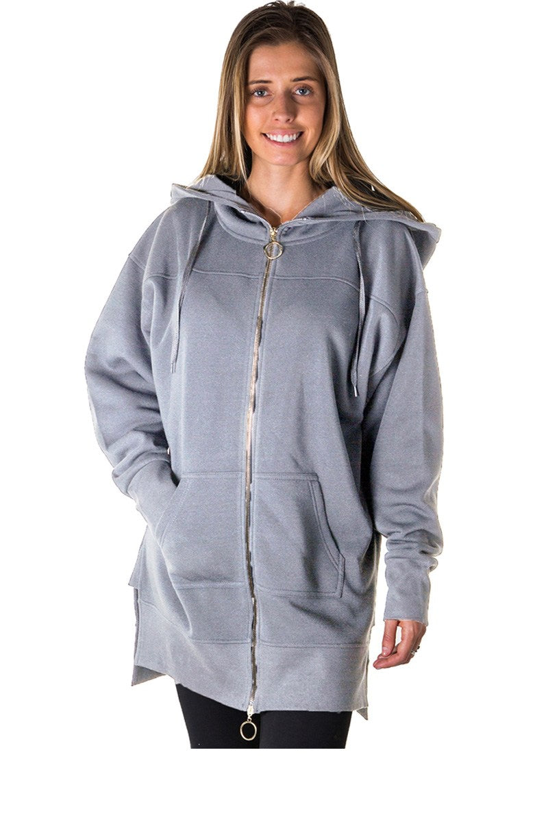 Ladies fashion solid black-ladies fleece zip up sweatshirt oversize long hoodie outerwear jacket