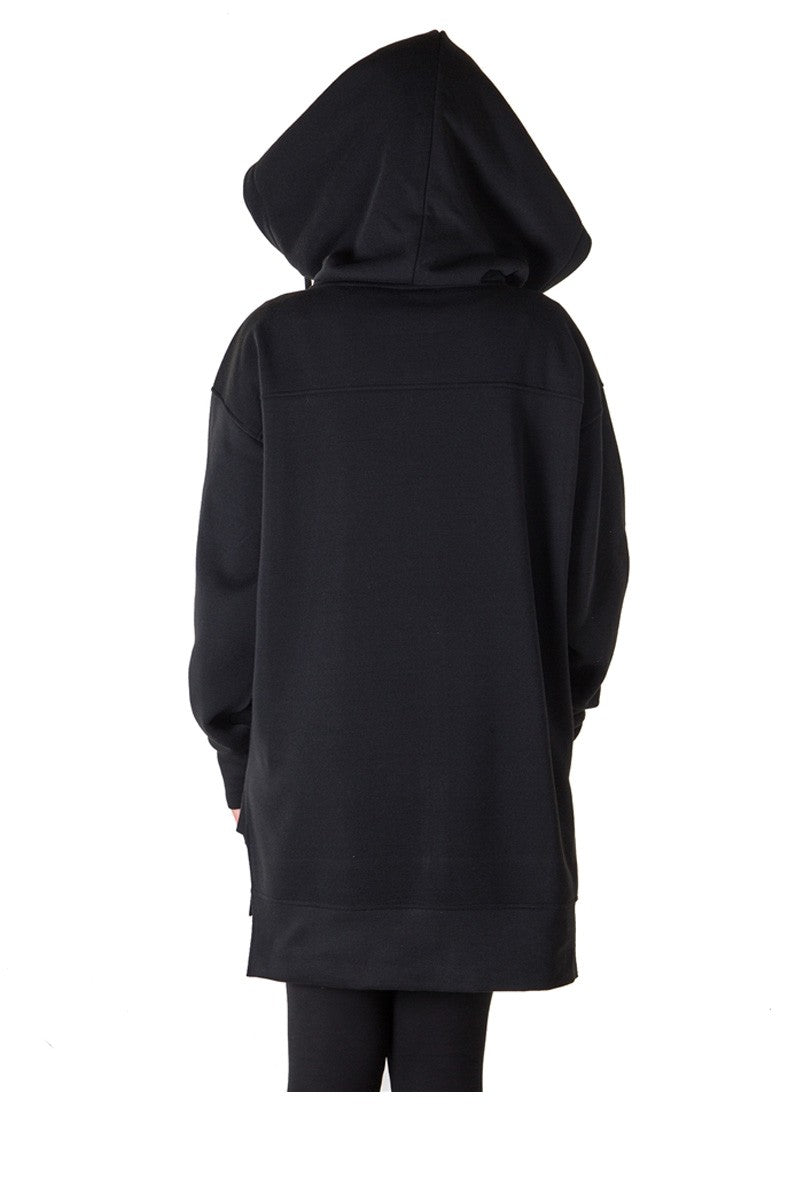 Ladies fashion solid black-ladies fleece zip up sweatshirt oversize long hoodie outerwear jacket