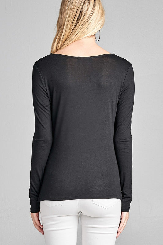 Ladies fashion long sleeve v-neck front twisted rayon spandex crepe top