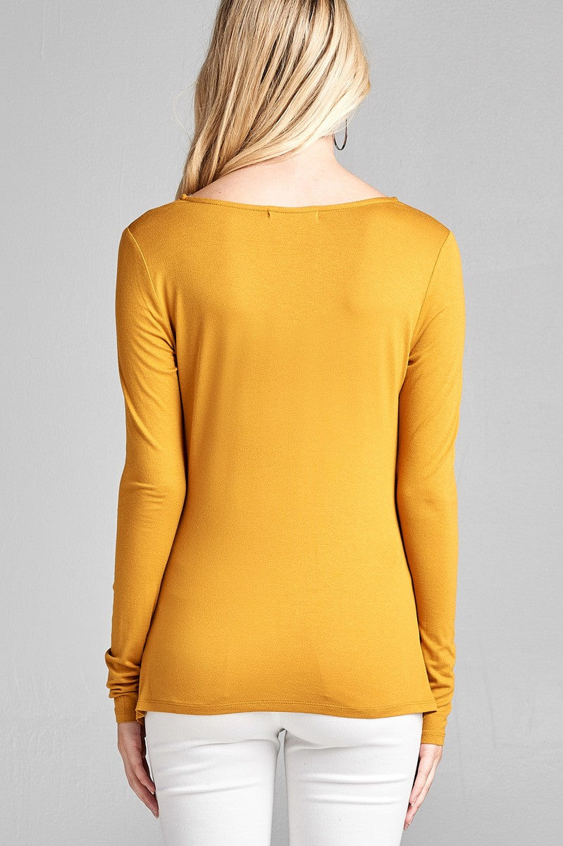 Ladies fashion long sleeve v-neck front twisted rayon spandex crepe top