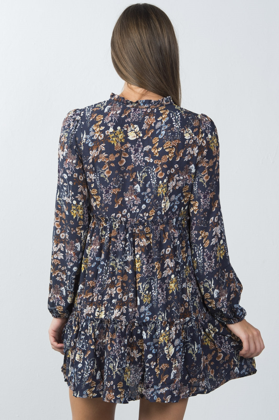 Ladies fashion multi navy floral neck-tie peasant mini dress