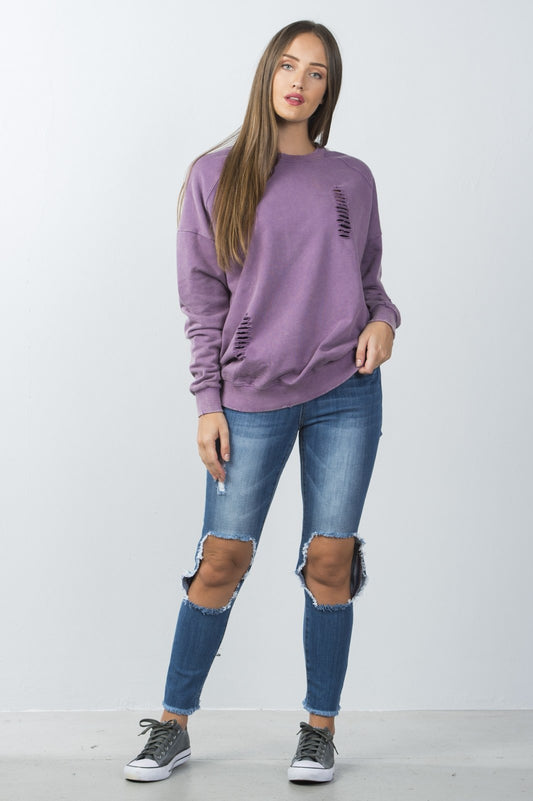 Ladies fashion long sleeves distressed sweater