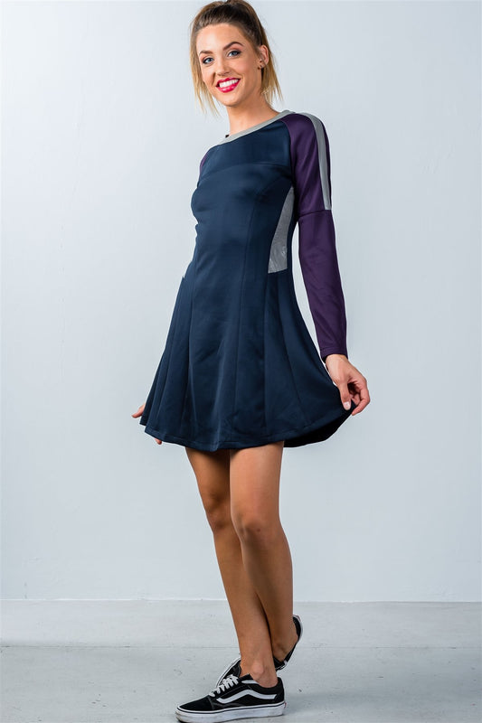 Ladies fashion navy and purple color-block swing dress