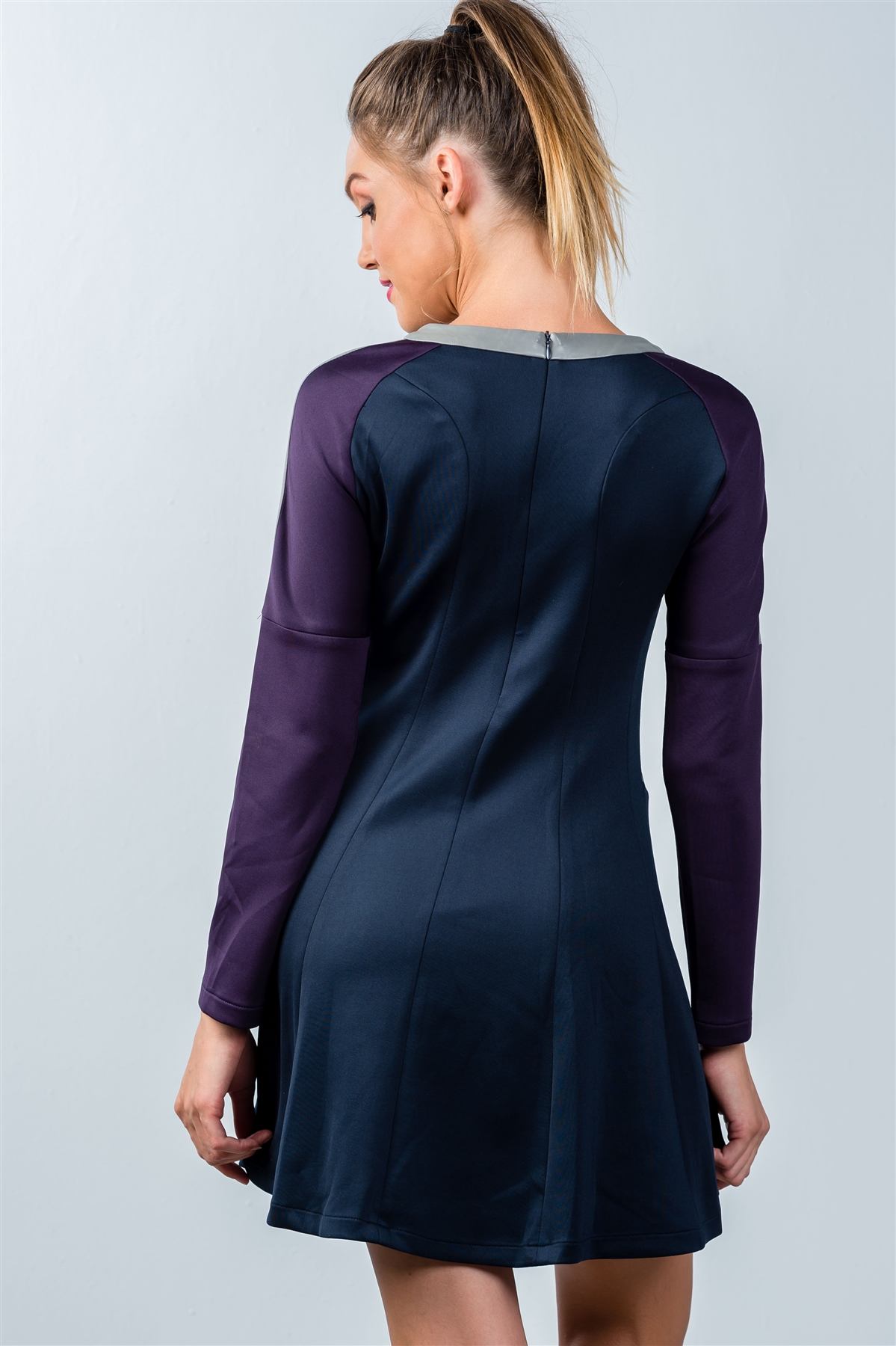 Ladies fashion navy and purple color-block swing dress