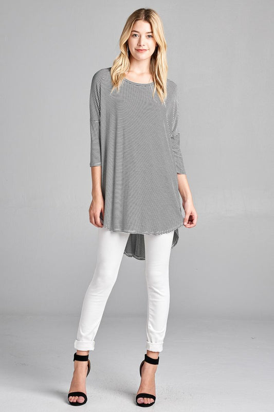 Ladies fashion plus size 3/4 dolman sleeve round neck w/back flare dart detail high and low stripe rayon spandex top
