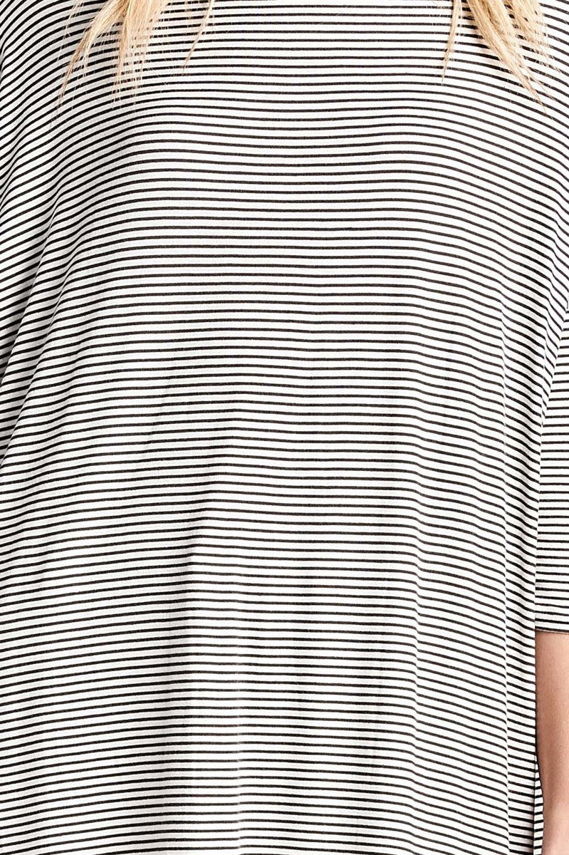 Ladies fashion plus size 3/4 dolman sleeve round neck w/back flare dart detail high and low stripe rayon spandex top