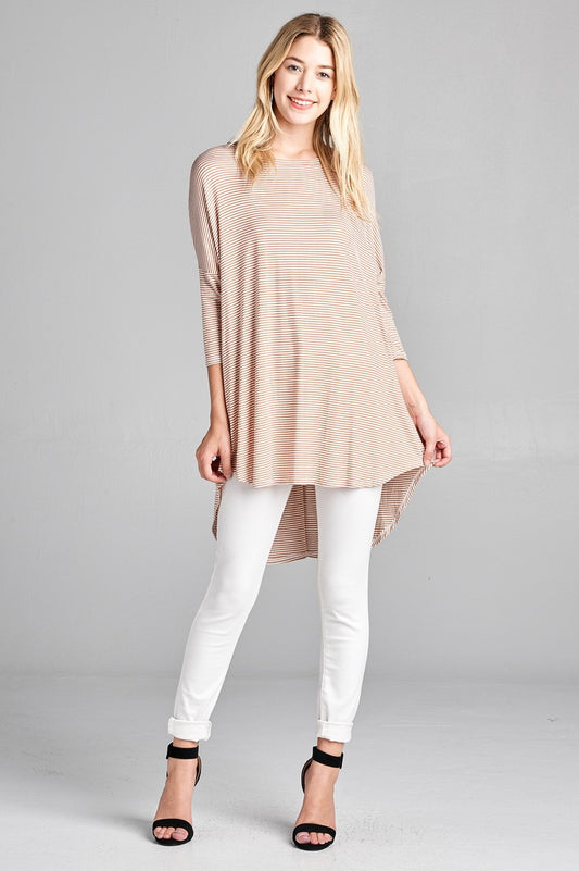 Ladies fashion plus size 3/4 dolman sleeve round neck w/back flare dart detail high and low stripe rayon spandex top
