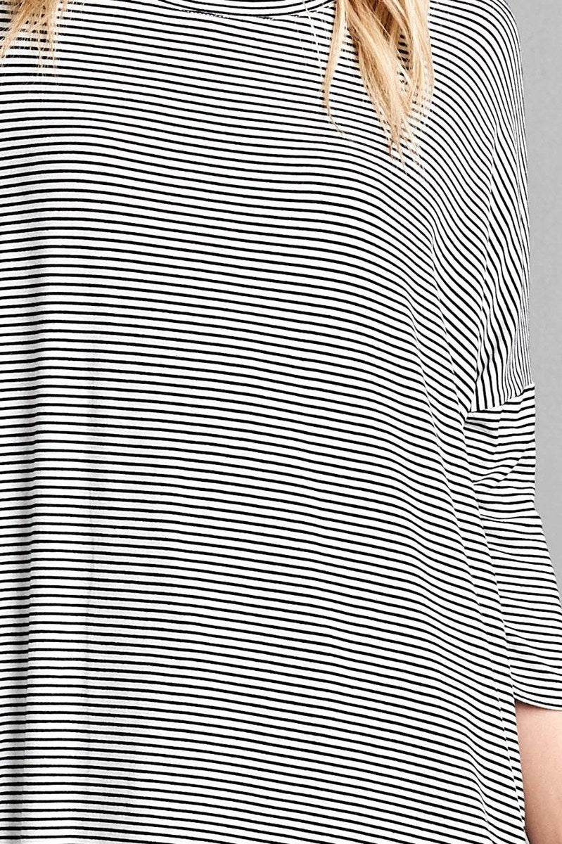 Ladies fashion plus size 3/4 dolman sleeve round neck w/back flare dart detail high and low stripe rayon spandex top