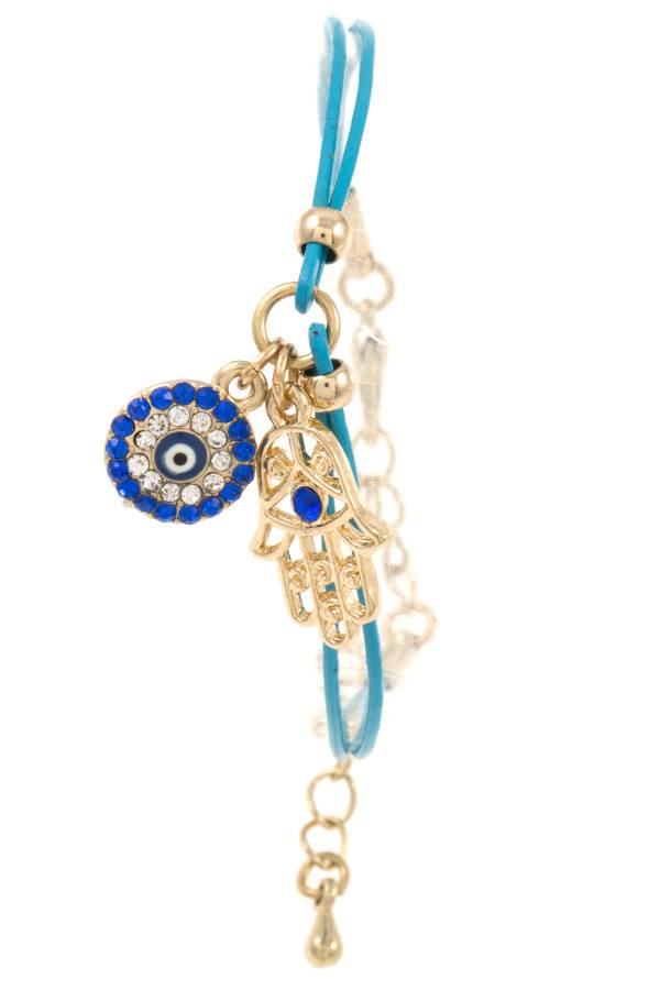 Hamsa and round evil eye charm cord bracelet