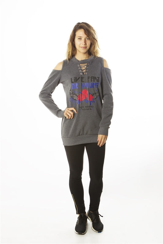 Ladies fashion sweatshirt cold shoulder mini dress tops, pullover, embellished w/ applique