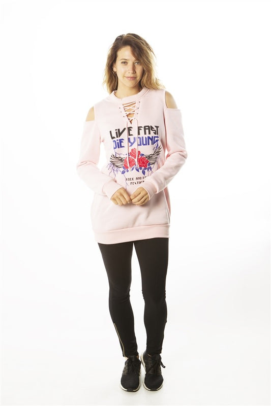 Ladies fashion sweatshirt cold shoulder mini dress tops, pullover, embellished w/ applique