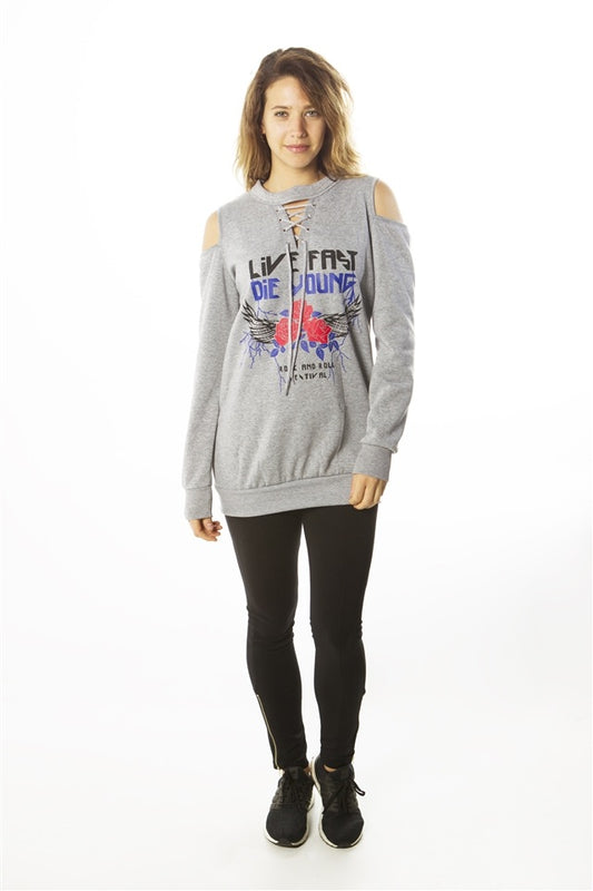 Ladies fashion sweatshirt cold shoulder mini dress tops, pullover, embellished w/ applique