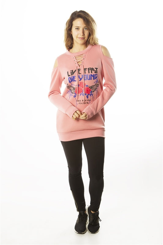 Ladies fashion sweatshirt cold shoulder mini dress tops, pullover, embellished w/ applique