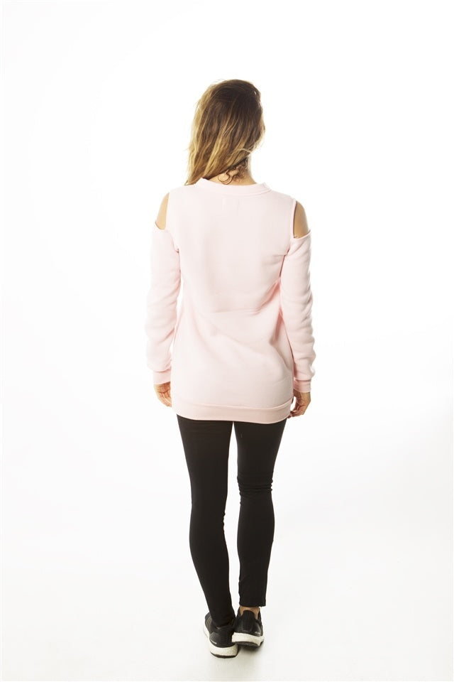 Ladies fashion sweatshirt cold shoulder mini dress hoodies-tops, pullover, embellished w/ applique