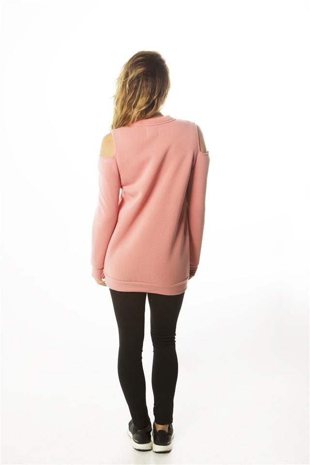 Ladies fashion sweatshirt cold shoulder mini dress hoodies-tops, pullover, embellished w/ applique