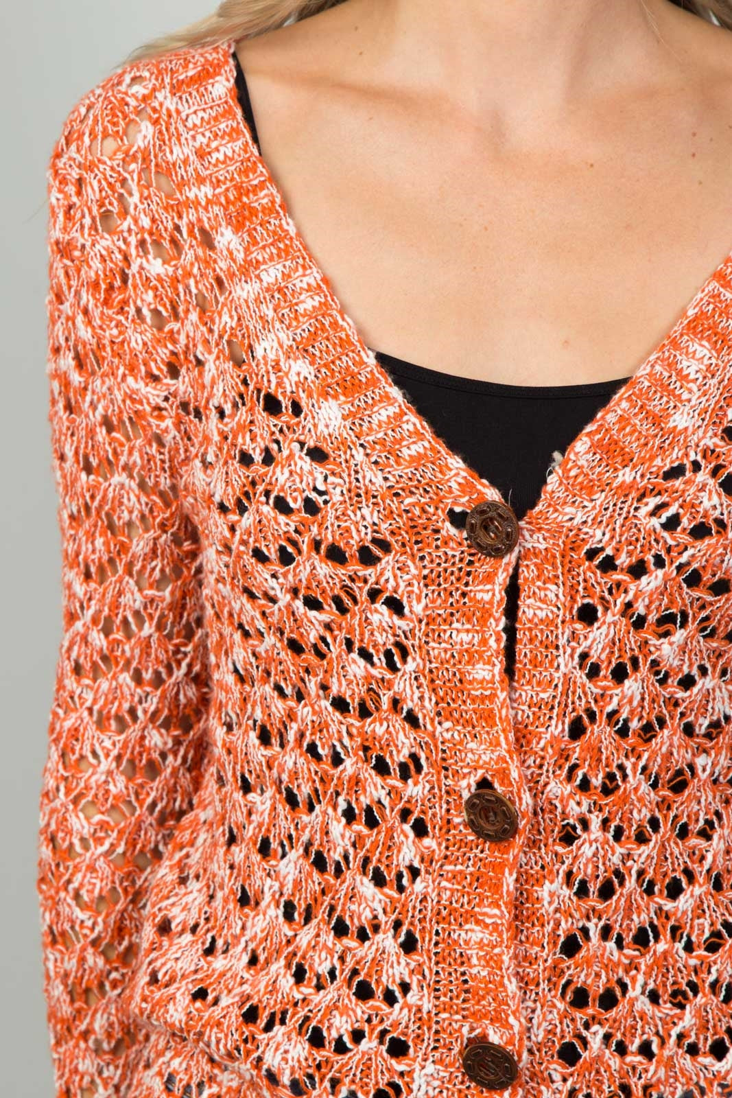 Ladies fashion button down closure crochet knitted color-block cardigan