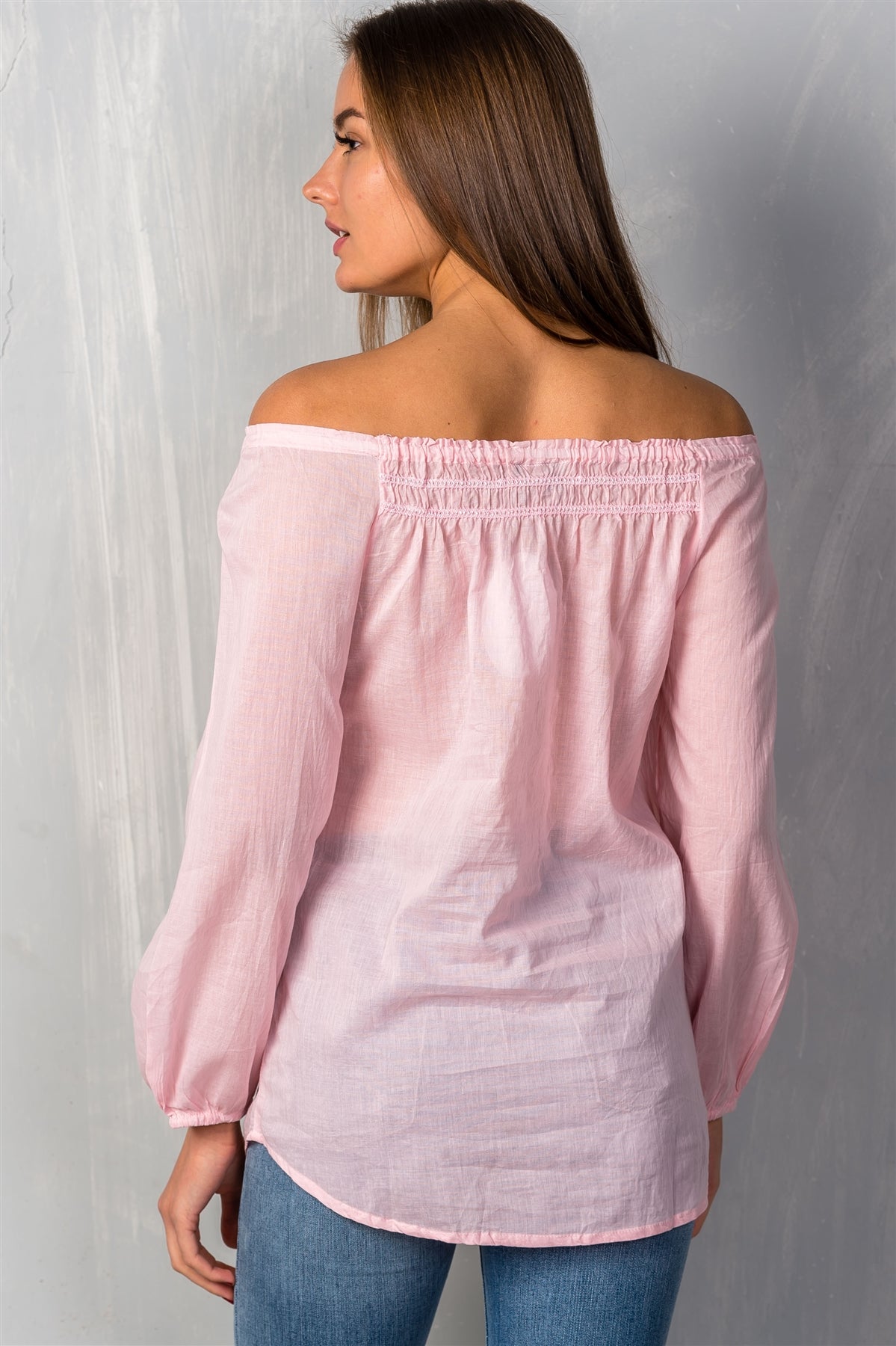 Ladies fashion self tie neckline contemporary elastic off the shoulder top