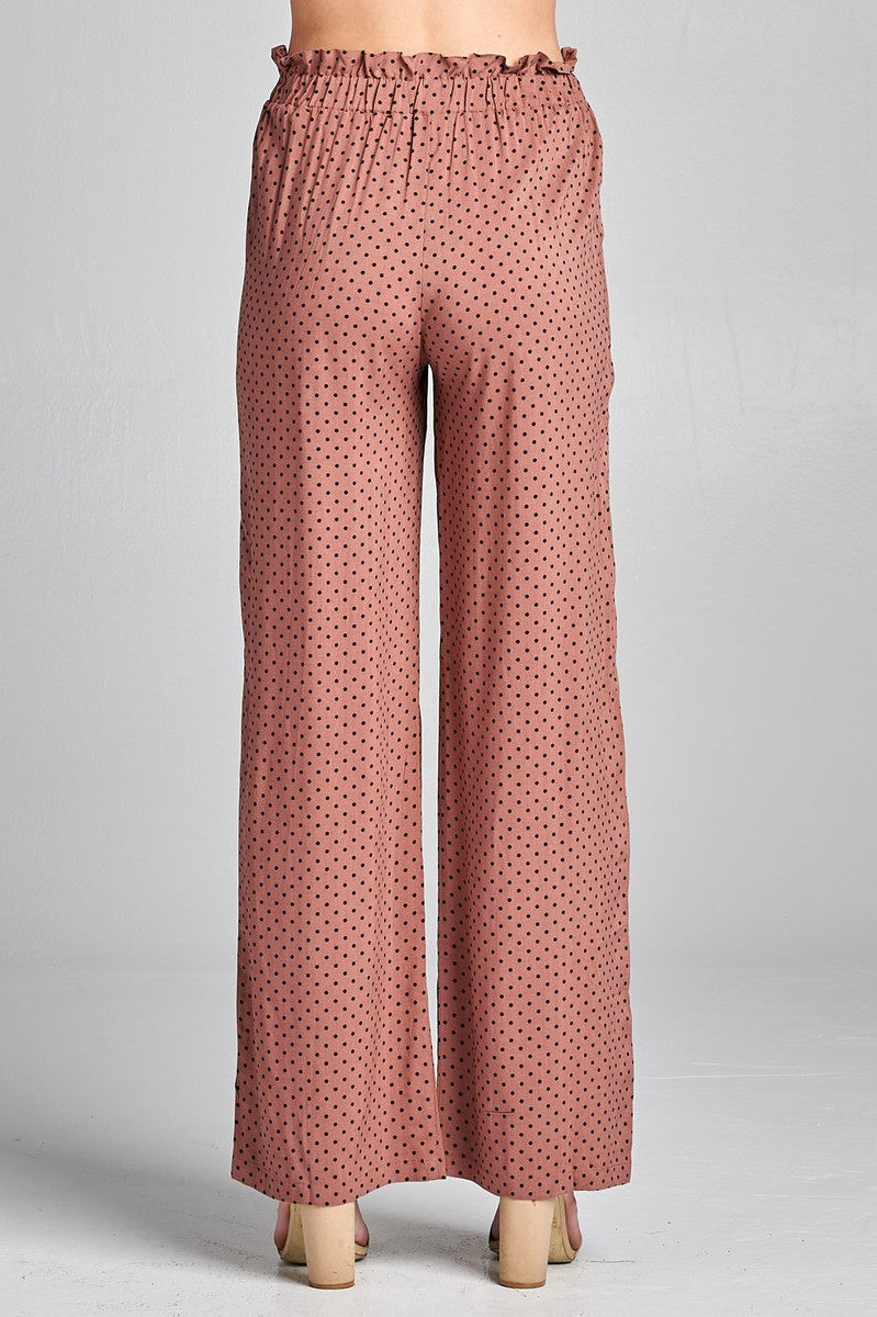 Ladies fashion self ribbon detail long wide leg dot print woven pants