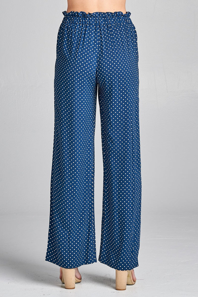 Ladies fashion self ribbon detail long wide leg dot print woven pants