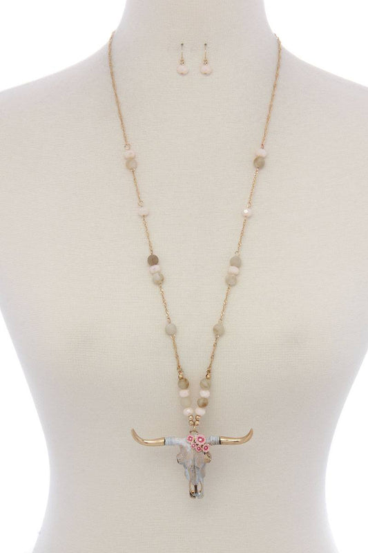 Floral cattle skull pendant beaded necklace