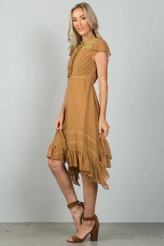Ladies fashion camel ruffle hem peasant dress