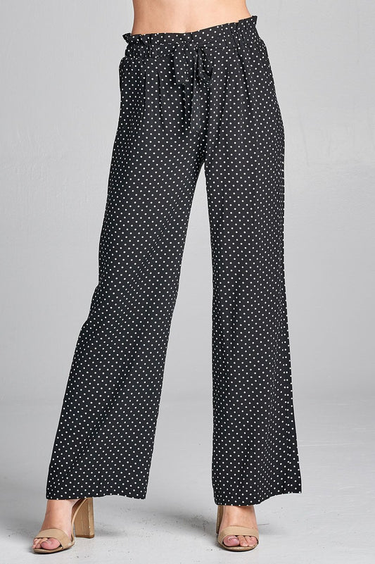 Ladies fashion plus size self ribbon detail long wide leg dot print woven pants