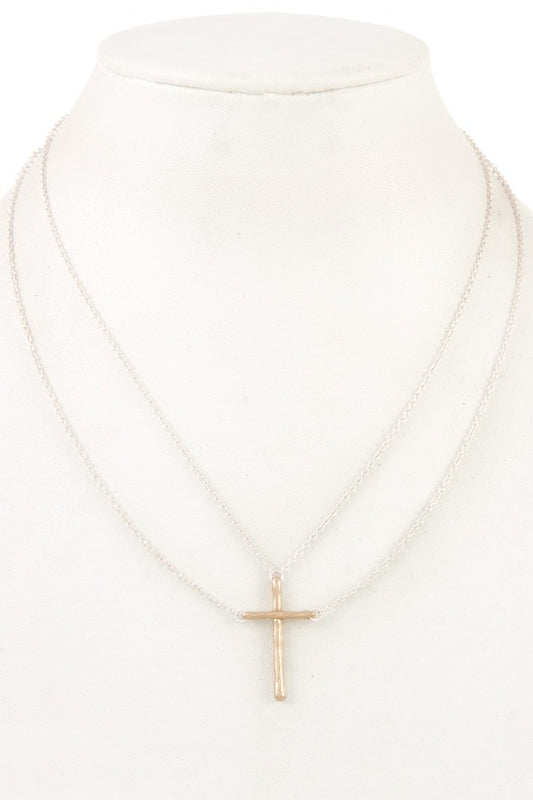 Double chain cross pendant necklace