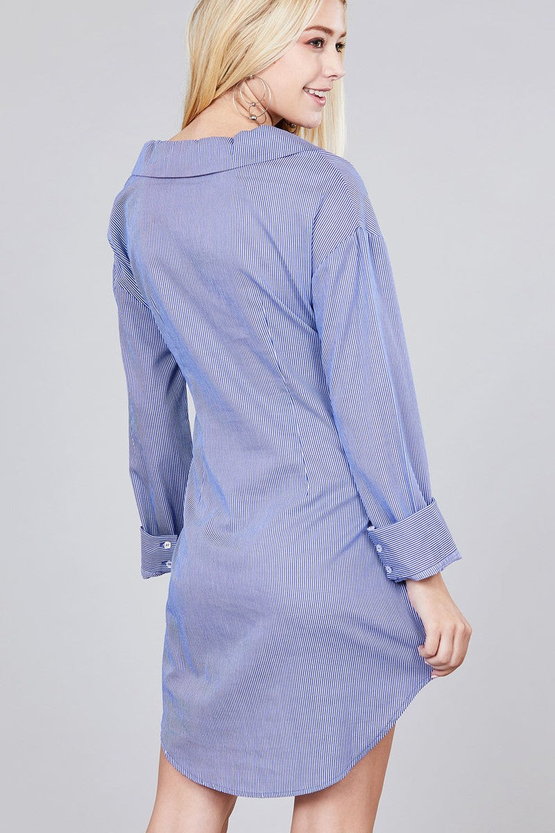 Ladies fashion long sleeve w/wide cuff waist self tie stripe shirt dress