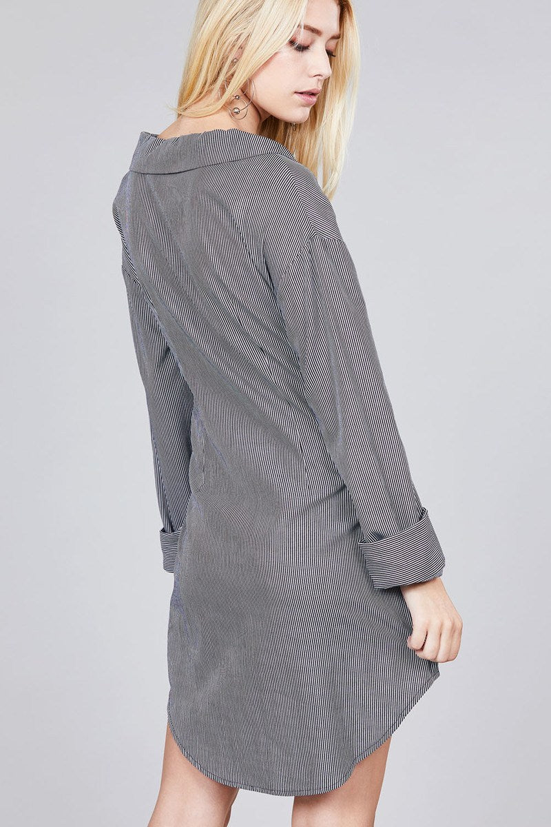Ladies fashion long sleeve w/wide cuff waist self tie stripe shirt dress