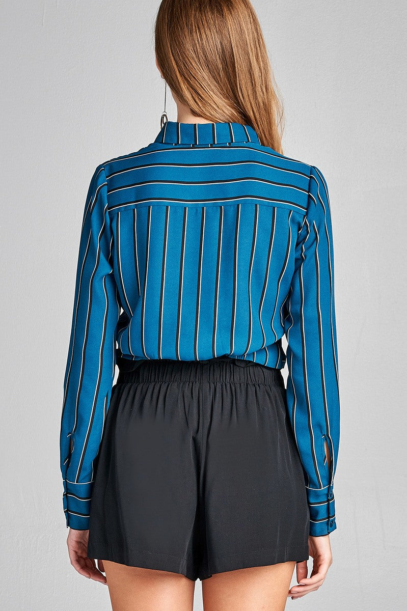 Ladies fashion long sleeve front button w/twisted detail stripe print woven shirt